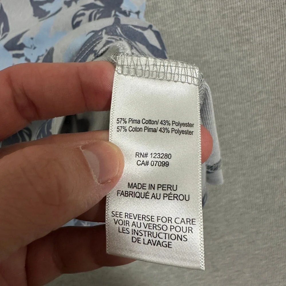 TravisMathew Floral Polo Shirt Tropical Leaf Print Gray‎ Blue Mens Size Large